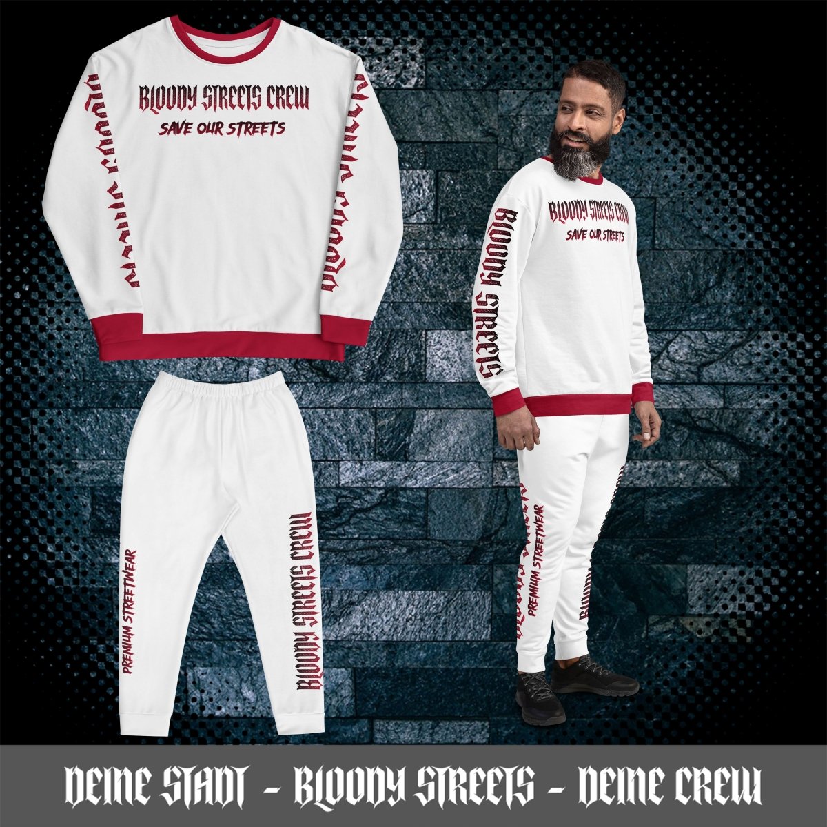 Bloody Streets Crew Member Streetwear Jogginganzug White V2 - BLOODY - STREETS.DE Streetwear Herren und Damen Hoodies, T-Shirts, Pullis