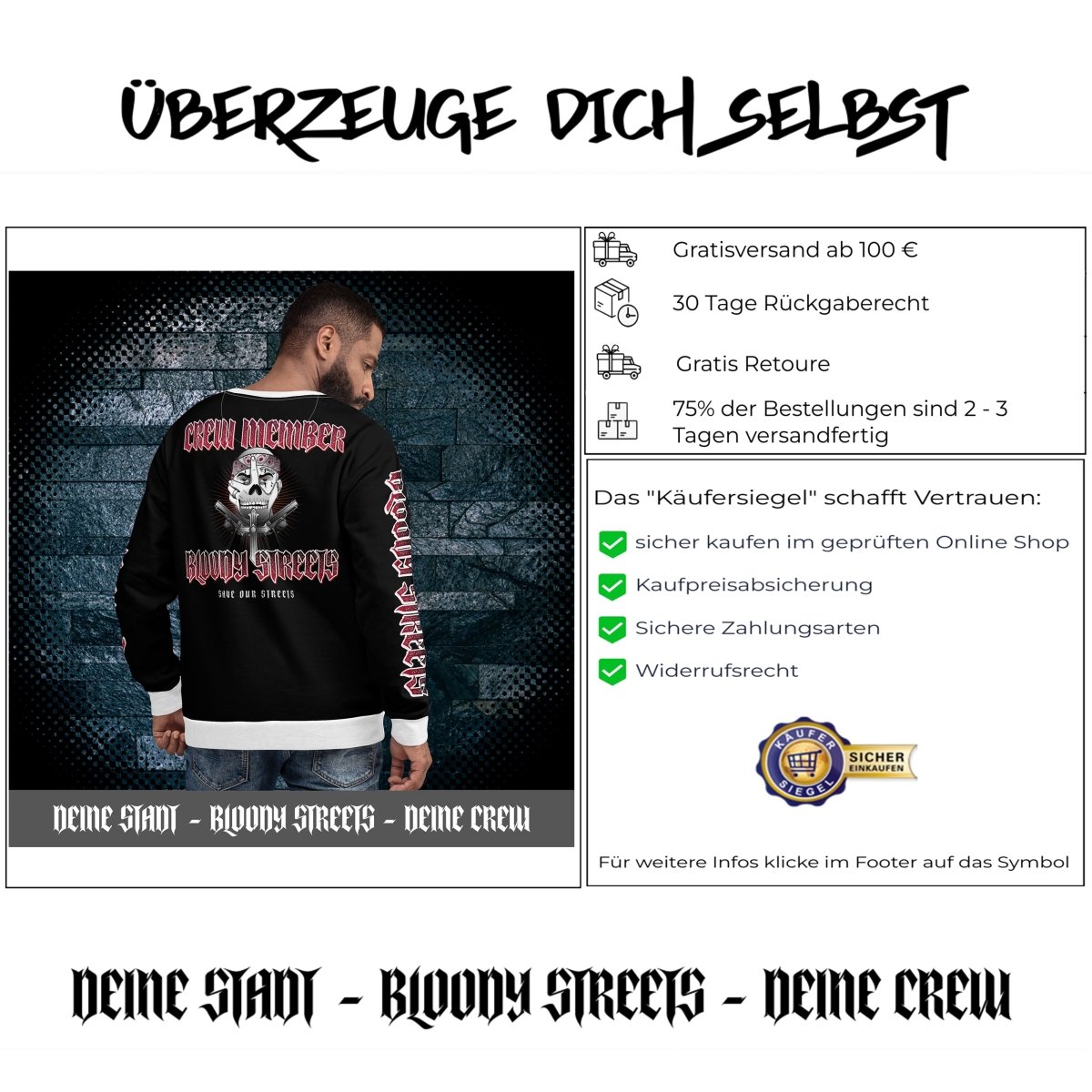 Bloody Streets Crew Member Streetwear Pullover Black - BLOODY - STREETS.DE Streetwear Herren und Damen Hoodies, T-Shirts, Pullis