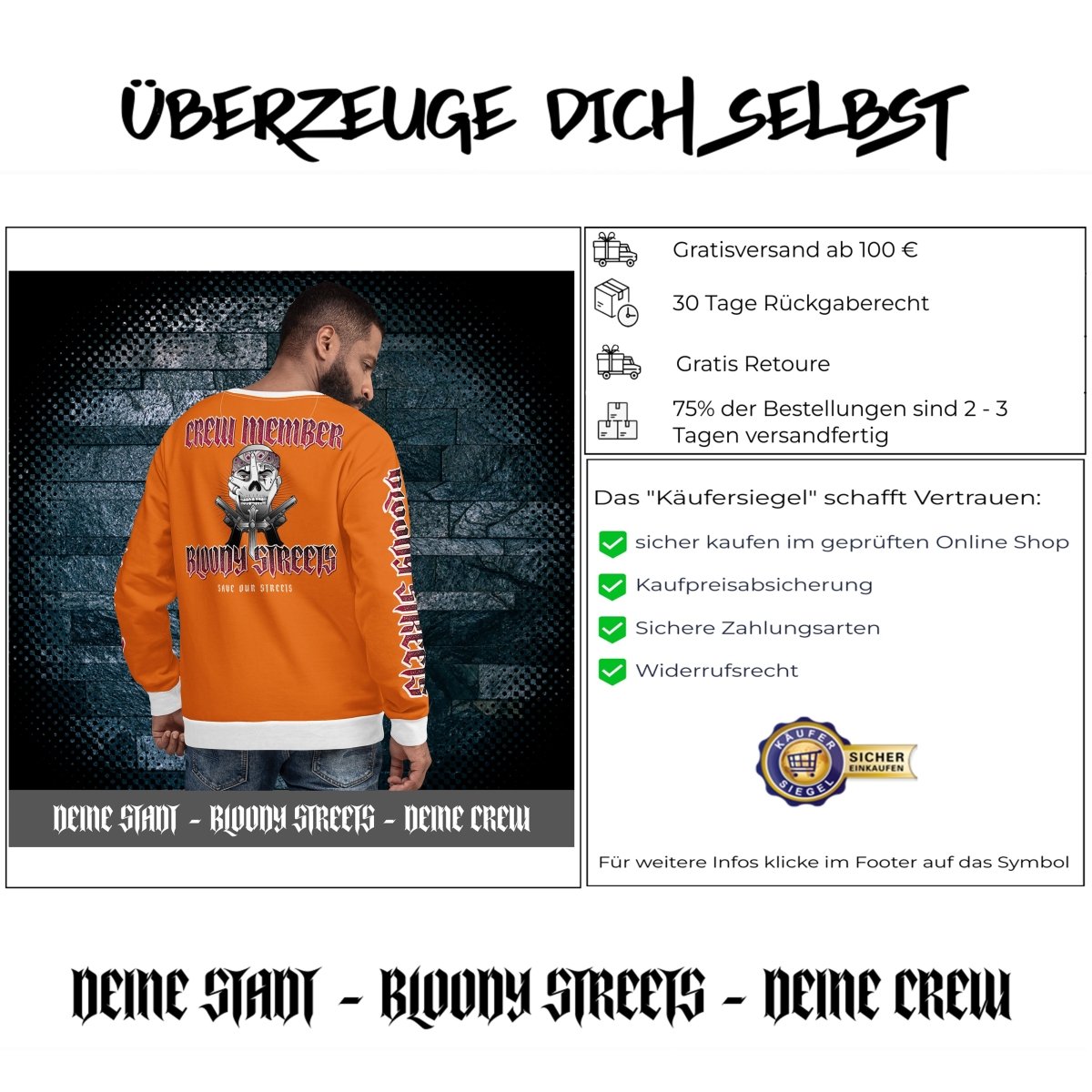 BLOODY STREETS Crew Member Streetwear Pullover Orange - BLOODY - STREETS.DE Streetwear Herren und Damen Hoodies, T-Shirts, Pullis