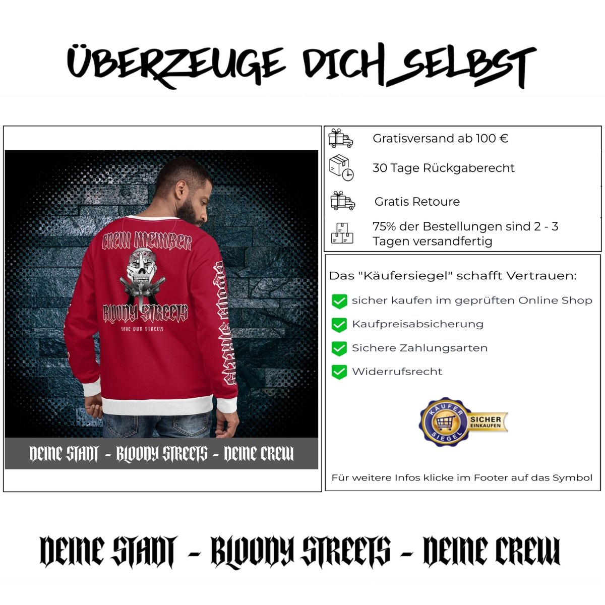 Bloody Streets Crew Member Streetwear Pullover Red - BLOODY - STREETS.DE Streetwear Herren und Damen Hoodies, T-Shirts, Pullis