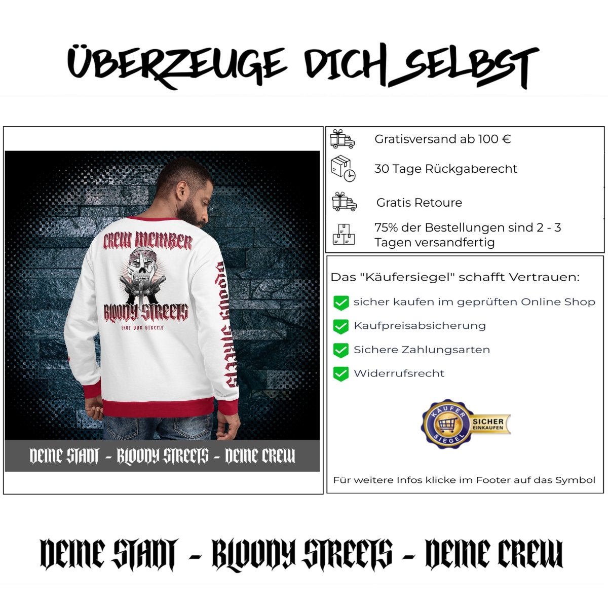 Bloody Streets Crew Member Streetwear Pullover White - BLOODY - STREETS.DE Streetwear Herren und Damen Hoodies, T-Shirts, Pullis