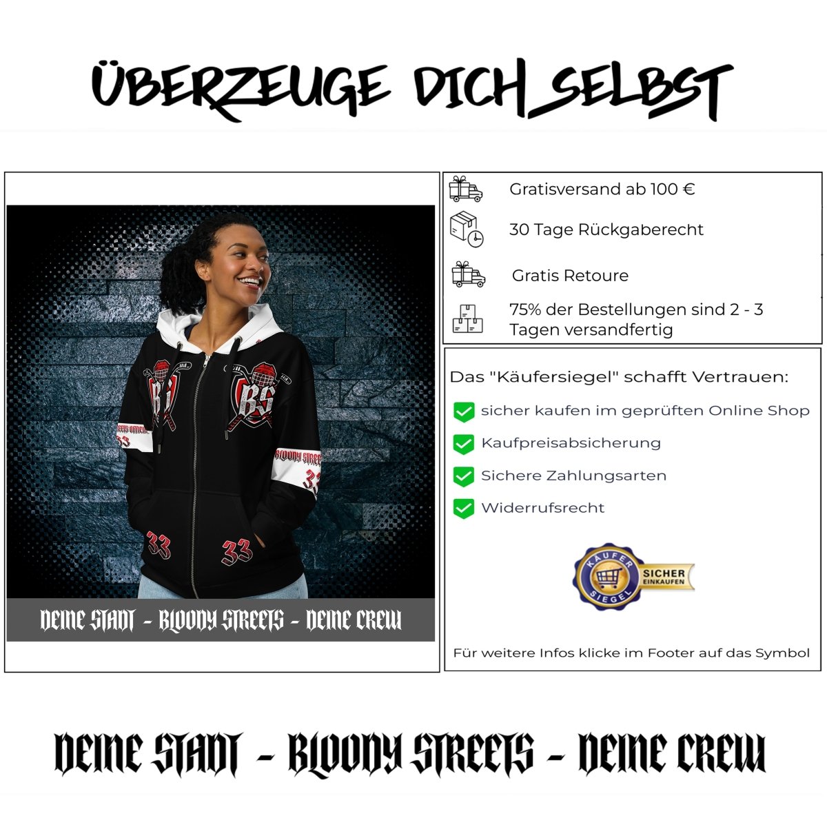 Bloody Streets Hockey Unisex Zip Hoodie - BLOODY - STREETS.DE Streetwear Herren und Damen Hoodies, T-Shirts, Pullis