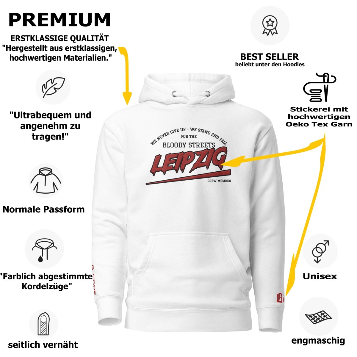 BS CITY Leipzig Crew Member Premium Red "G" Hoodie - BLOODY - STREETS.DE Streetwear Herren und Damen Hoodies, T-Shirts, Pullis