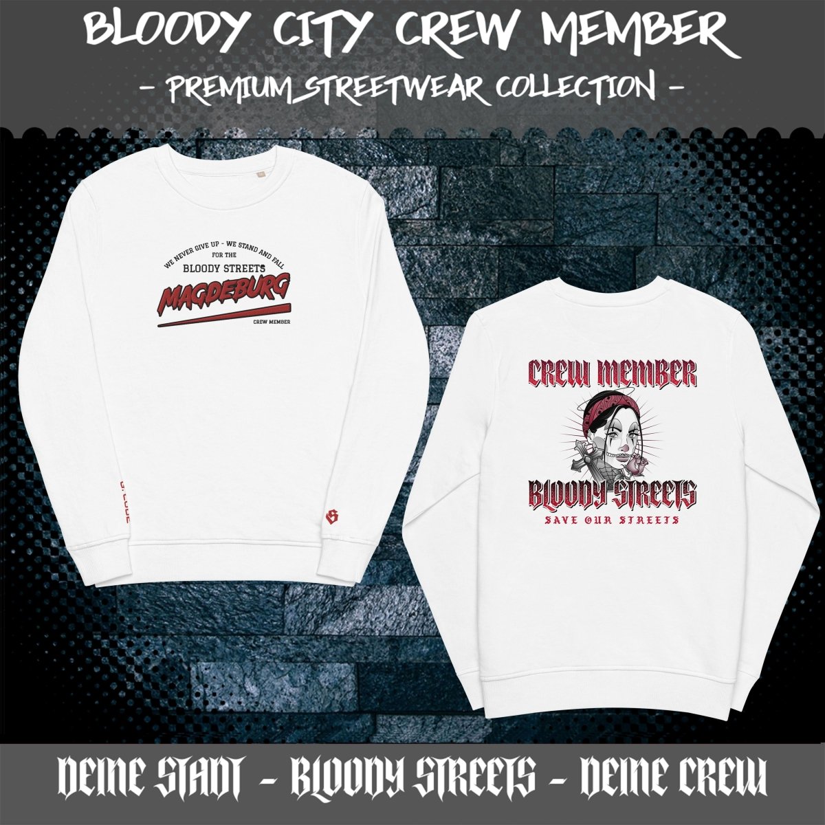 BS CITY Magdeburg Crew Member Premium Red "Lady" Pullover - BLOODY - STREETS.DE Streetwear Herren und Damen Hoodies, T-Shirts, Pullis