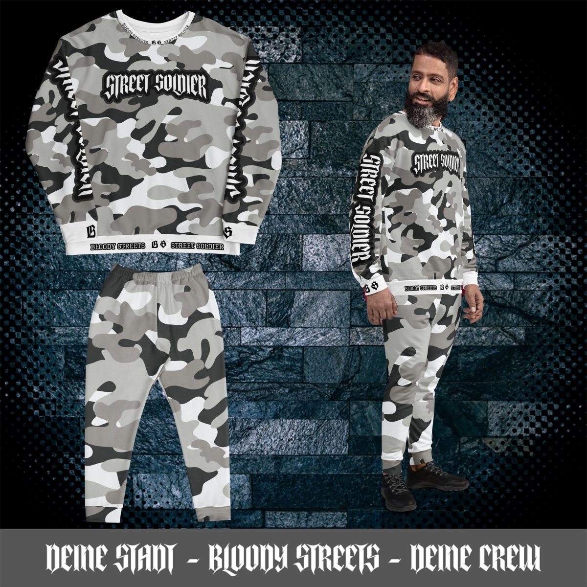 CAMOUFLAGE Bull Dog "Street Soldier" Jogginganzug V2 - BLOODY - STREETS.DE Streetwear Herren und Damen Hoodies, T-Shirts, Pullis