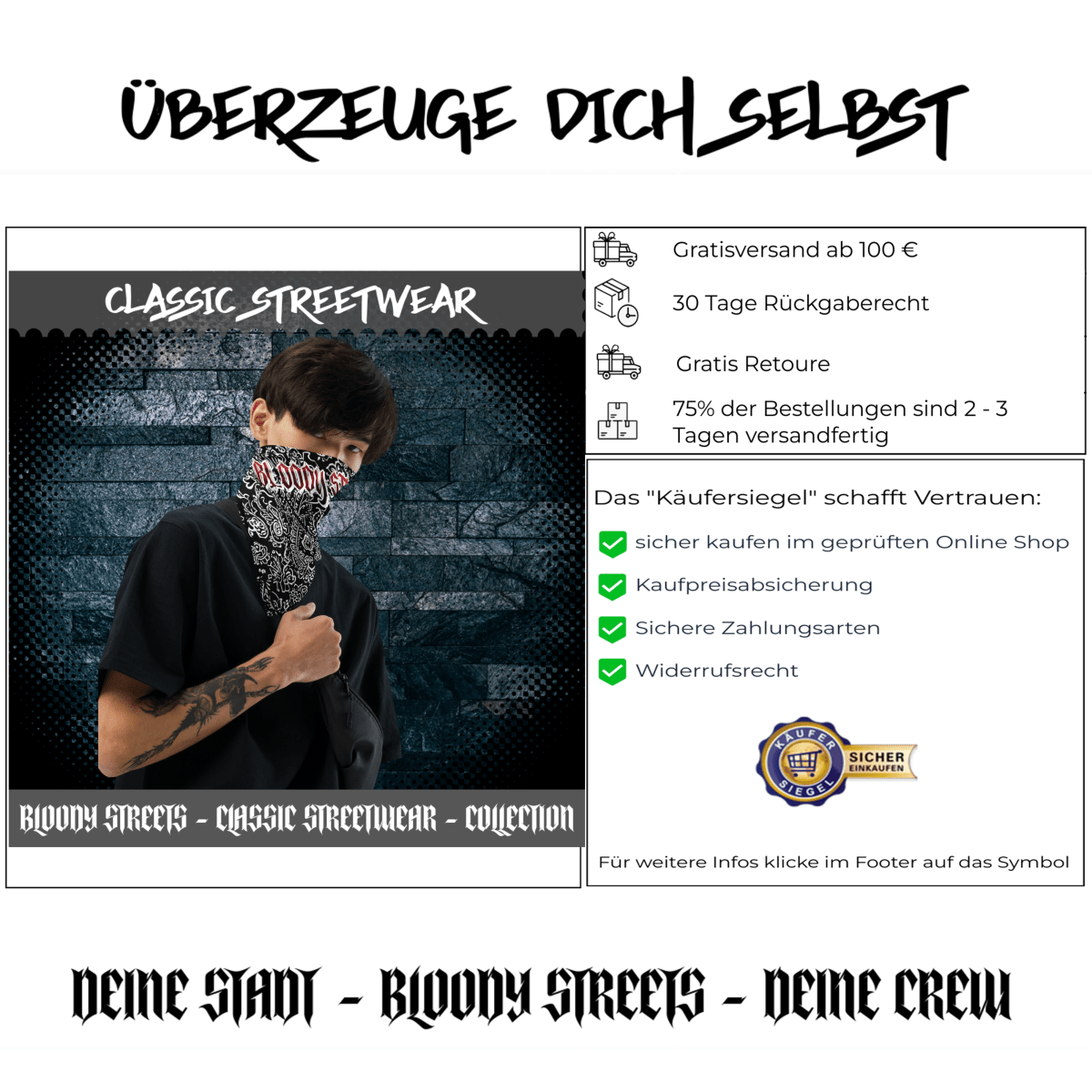 Classic Bandana Black Bloody Streets Crew - BLOODY - STREETS.DE Streetwear Herren und Damen Hoodies, T-Shirts, Pullis