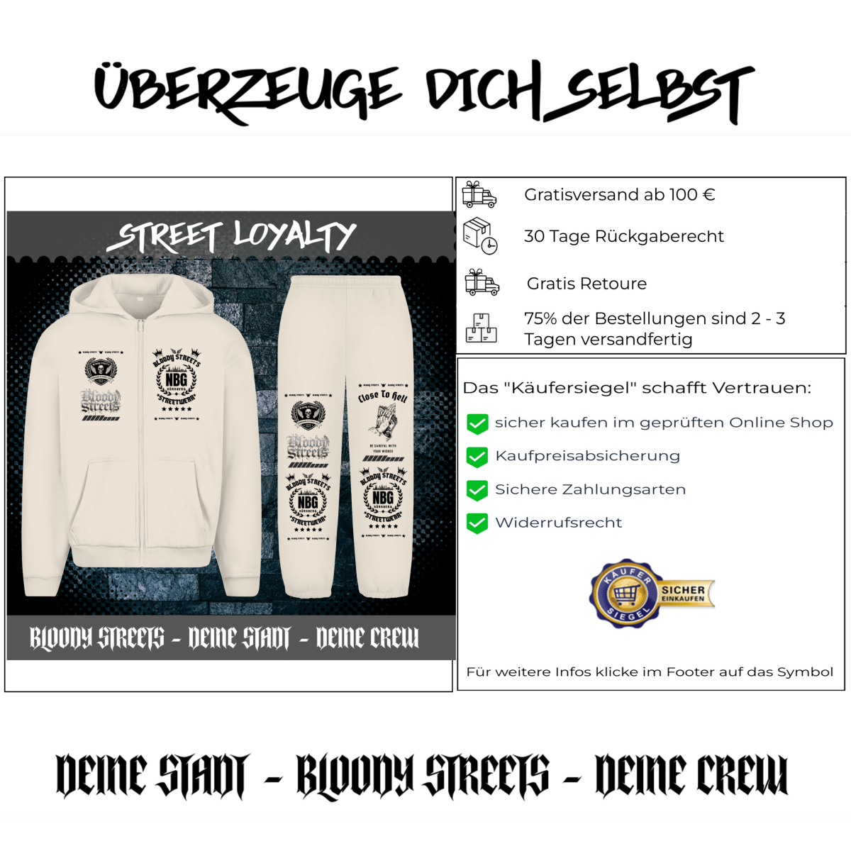 Herren Oversize Zipper Hoodie Dead Skull Jogginganzug beige - BLOODY - STREETS.DE Streetwear Herren und Damen Hoodies, T-Shirts, Pullis