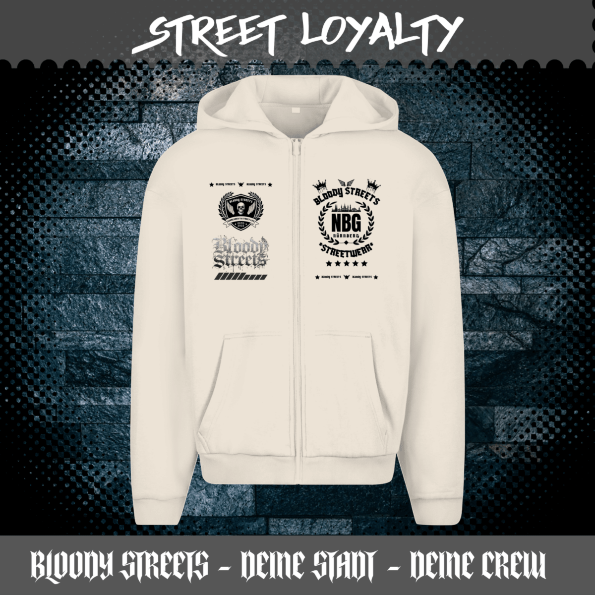 Herren Oversize Zipper Hoodie Dead Skull Jogginganzug beige - BLOODY - STREETS.DE Streetwear Herren und Damen Hoodies, T-Shirts, Pullis