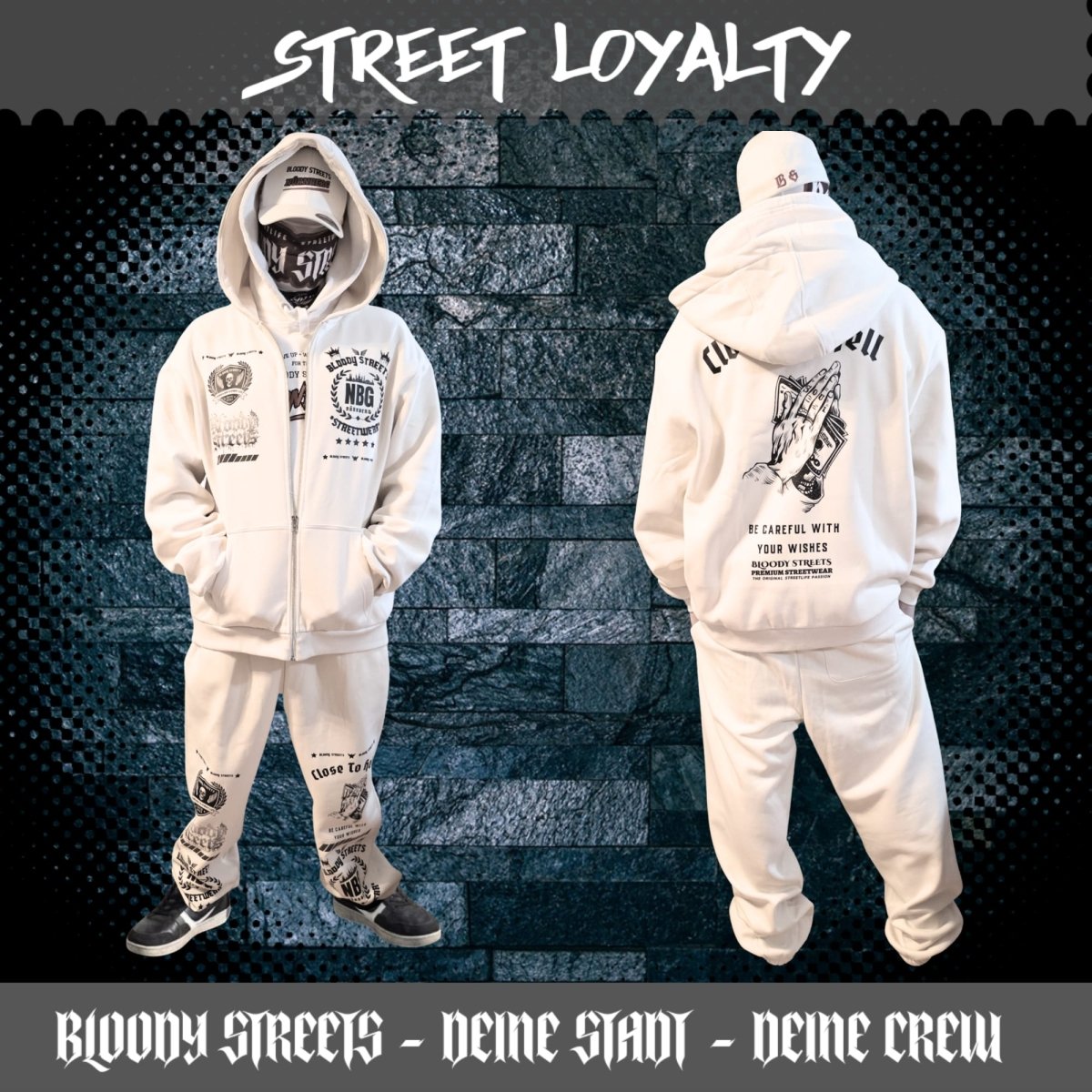 Herren Oversize Zipper Hoodie Dead Skull Jogginganzug beige - BLOODY - STREETS.DE Streetwear Herren und Damen Hoodies, T-Shirts, Pullis