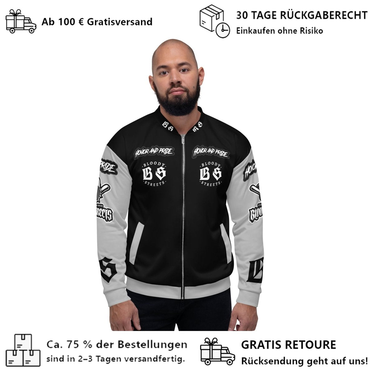 "Honor and Pride" Streetwear Bomber Jacke - BLOODY - STREETS.DE Streetwear Herren und Damen Hoodies, T-Shirts, Pullis