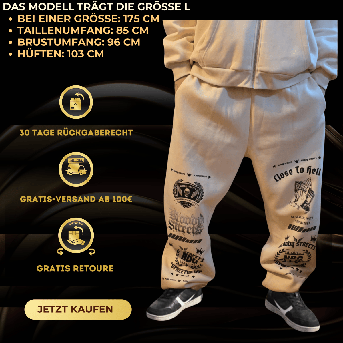 Oversize Fluffy Sweatpants "CLOSE TO HELL" beige - BLOODY - STREETS.DE Streetwear Herren und Damen Hoodies, T-Shirts, Pullis