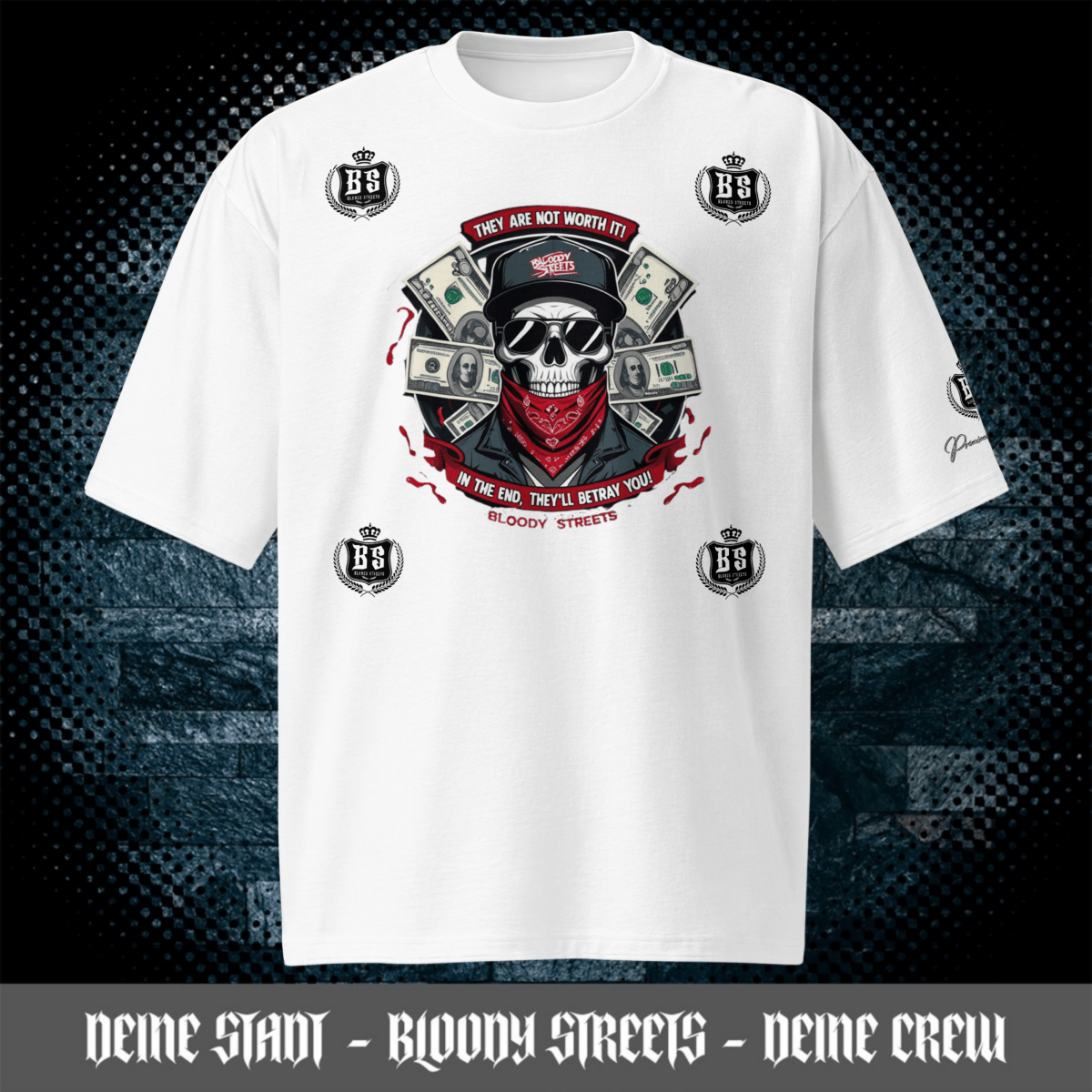 Oversized schweres Streetwear T-Shirt "TRUST NOBODY" - BLOODY - STREETS.DE Streetwear Herren und Damen Hoodies, T-Shirts, Pullis