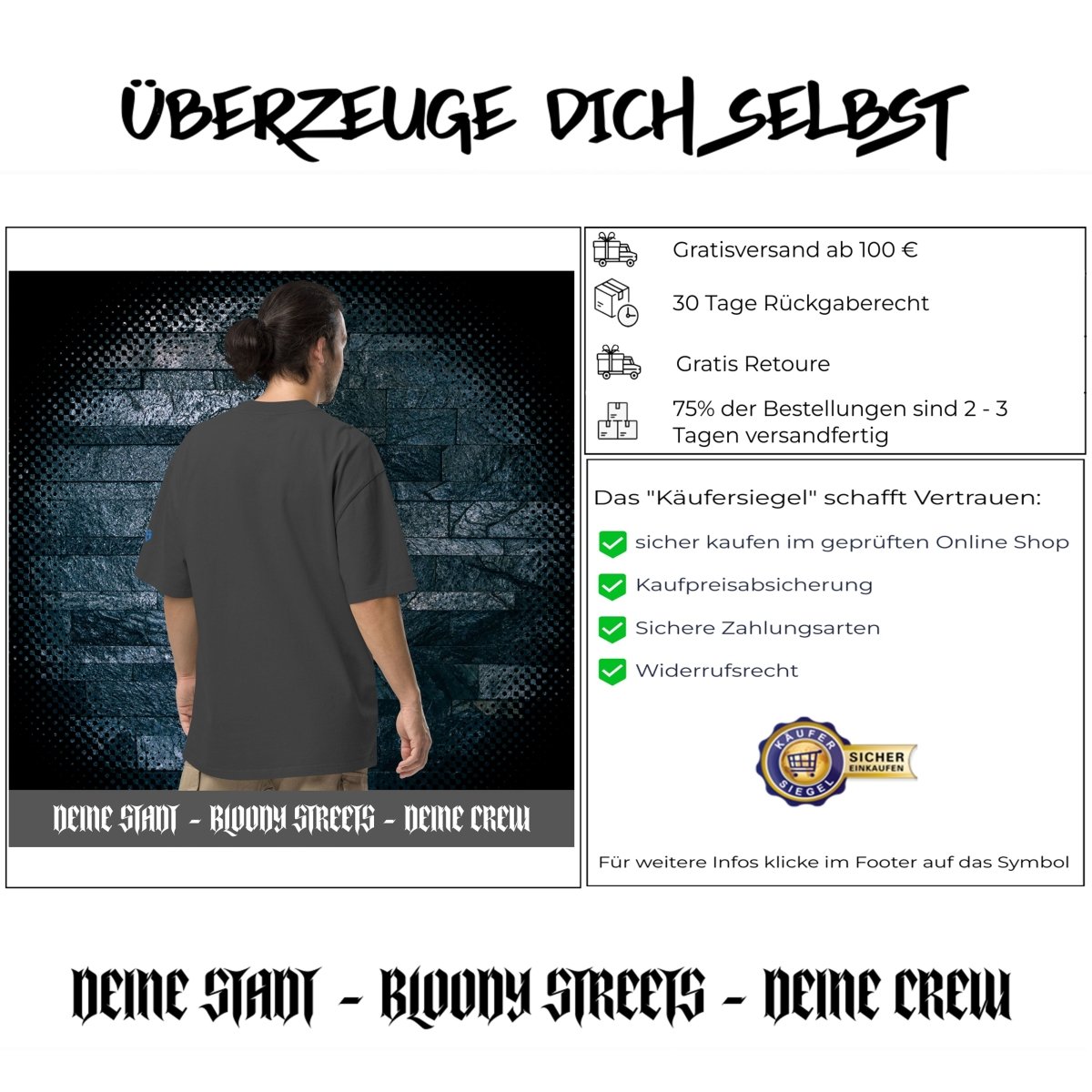 Oversized Streetwear T-Shirt BS - OUTSIDERS Stickerei mit verwaschenem Look - BLOODY - STREETS.DE Streetwear Herren und Damen Hoodies, T-Shirts, Pullis