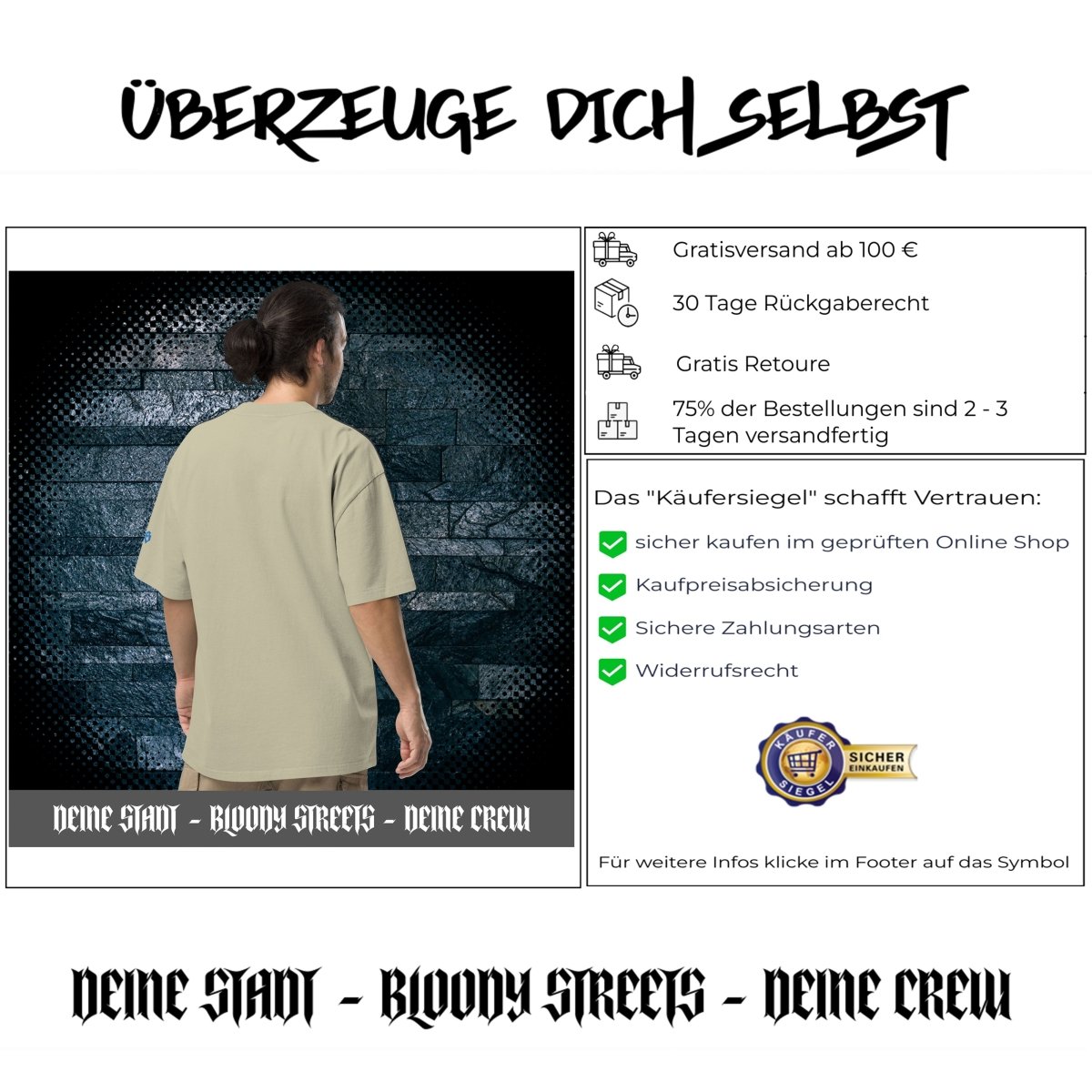 Oversized Streetwear T-Shirt BS - OUTSIDERS Stickerei mit verwaschenem Look - BLOODY - STREETS.DE Streetwear Herren und Damen Hoodies, T-Shirts, Pullis