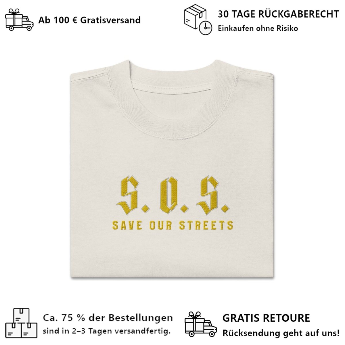 Oversized Streetwear T-shirt - SAVE OUR STREETS Stickerei 1 VERS. - verwaschenem Look - BLOODY - STREETS.DE Streetwear Herren und Damen Hoodies, T-Shirts, Pullis