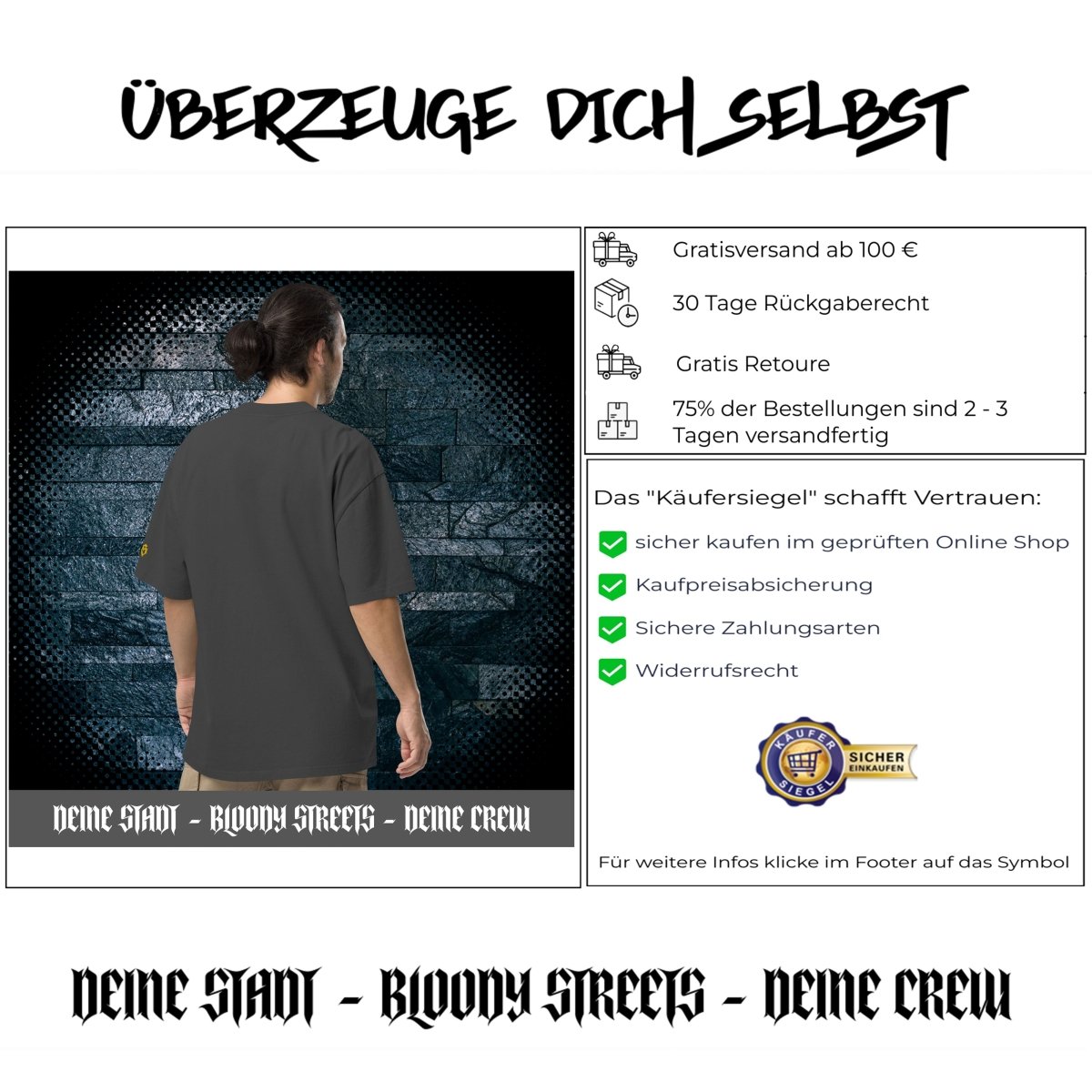 Oversized Streetwear T-shirt - SAVE OUR STREETS Stickerei 1 VERS. - verwaschenem Look - BLOODY - STREETS.DE Streetwear Herren und Damen Hoodies, T-Shirts, Pullis