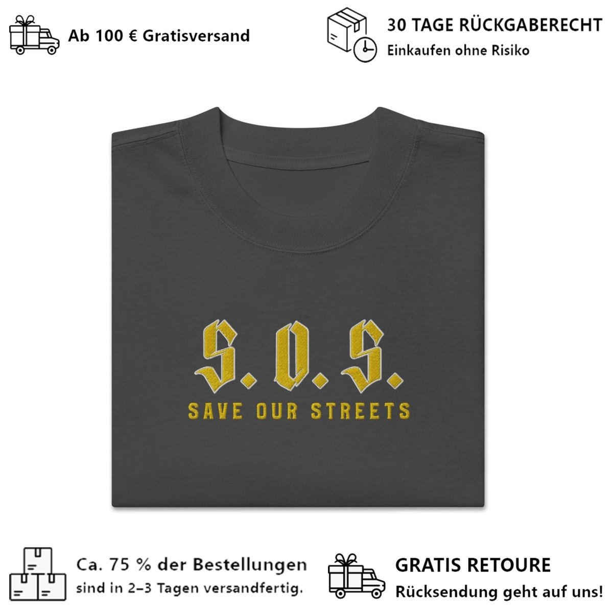 Oversized Streetwear T-shirt - SAVE OUR STREETS Stickerei 1 VERS. - verwaschenem Look - BLOODY - STREETS.DE Streetwear Herren und Damen Hoodies, T-Shirts, Pullis