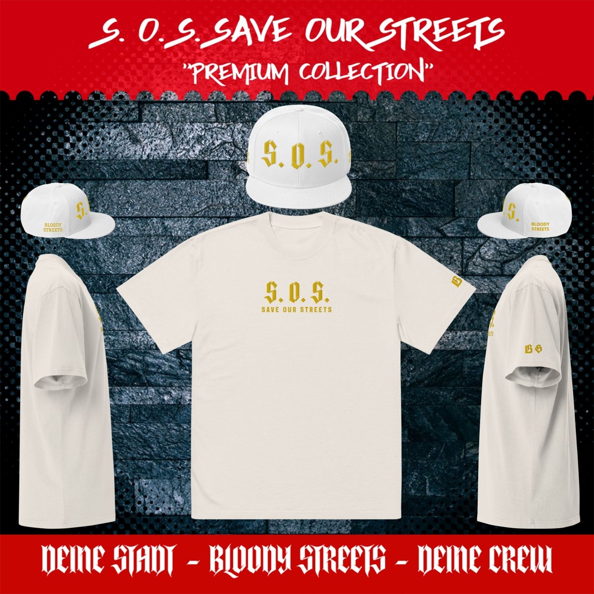 Oversized Streetwear T-shirt - SAVE OUR STREETS Stickerei 1 VERS. - verwaschenem Look - BLOODY - STREETS.DE Streetwear Herren und Damen Hoodies, T-Shirts, Pullis