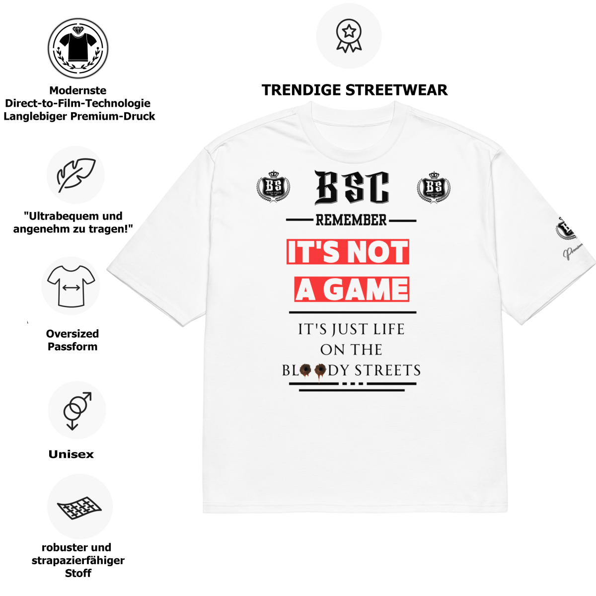 Schweres oversized Streetwear T-Shirt IT'S NOT A GAME - BLOODY - STREETS.DE Streetwear Herren und Damen Hoodies, T-Shirts, Pullis