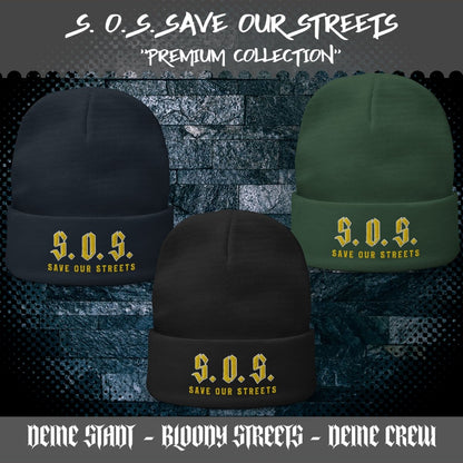 Streetwear Beanie - Stickerei S.O.S. SAVE OUR STREETS - BLOODY - STREETS.DE Streetwear Herren und Damen Hoodies, T-Shirts, Pullis