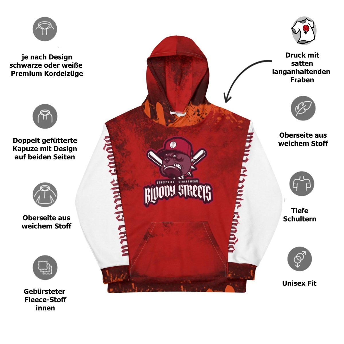 Streetwear Hoodie BLOOD - LINE V1 - BLOODY - STREETS.DE Streetwear Herren und Damen Hoodies, T-Shirts, Pullis