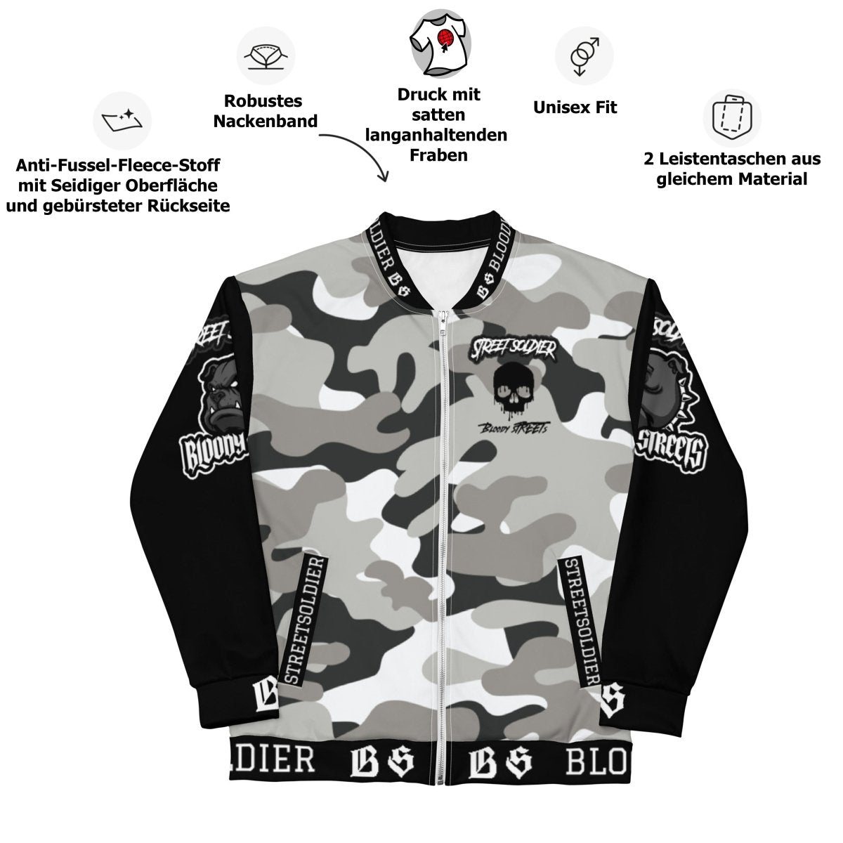 Streetwear Jacke: Camouflage Bulldog Jacket Street Soldier - Die ultimative Bomberjacke - BLOODY - STREETS.DE Streetwear Herren und Damen Hoodies, T-Shirts, Pullis