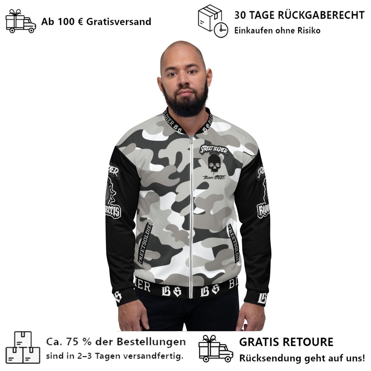 Streetwear Jacke: Camouflage Bulldog Jacket Street Soldier - Die ultimative Bomberjacke - BLOODY - STREETS.DE Streetwear Herren und Damen Hoodies, T-Shirts, Pullis