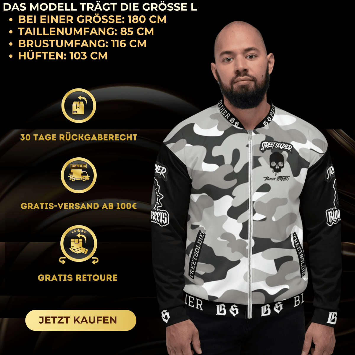 Streetwear Jacke: Camouflage Bulldog Jacket Street Soldier - Die ultimative Bomberjacke - BLOODY - STREETS.DE Streetwear Herren und Damen Hoodies, T-Shirts, Pullis