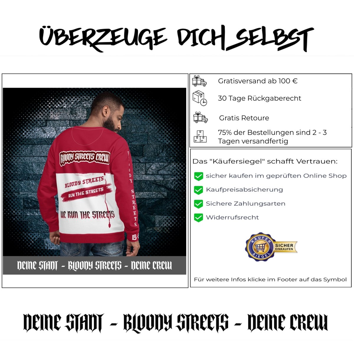 Streetwear Pullover - We Run The Streets: Das lässige Unisex Addribut für jeden Look - BLOODY - STREETS.DE Streetwear Herren und Damen Hoodies, T-Shirts, Pullis