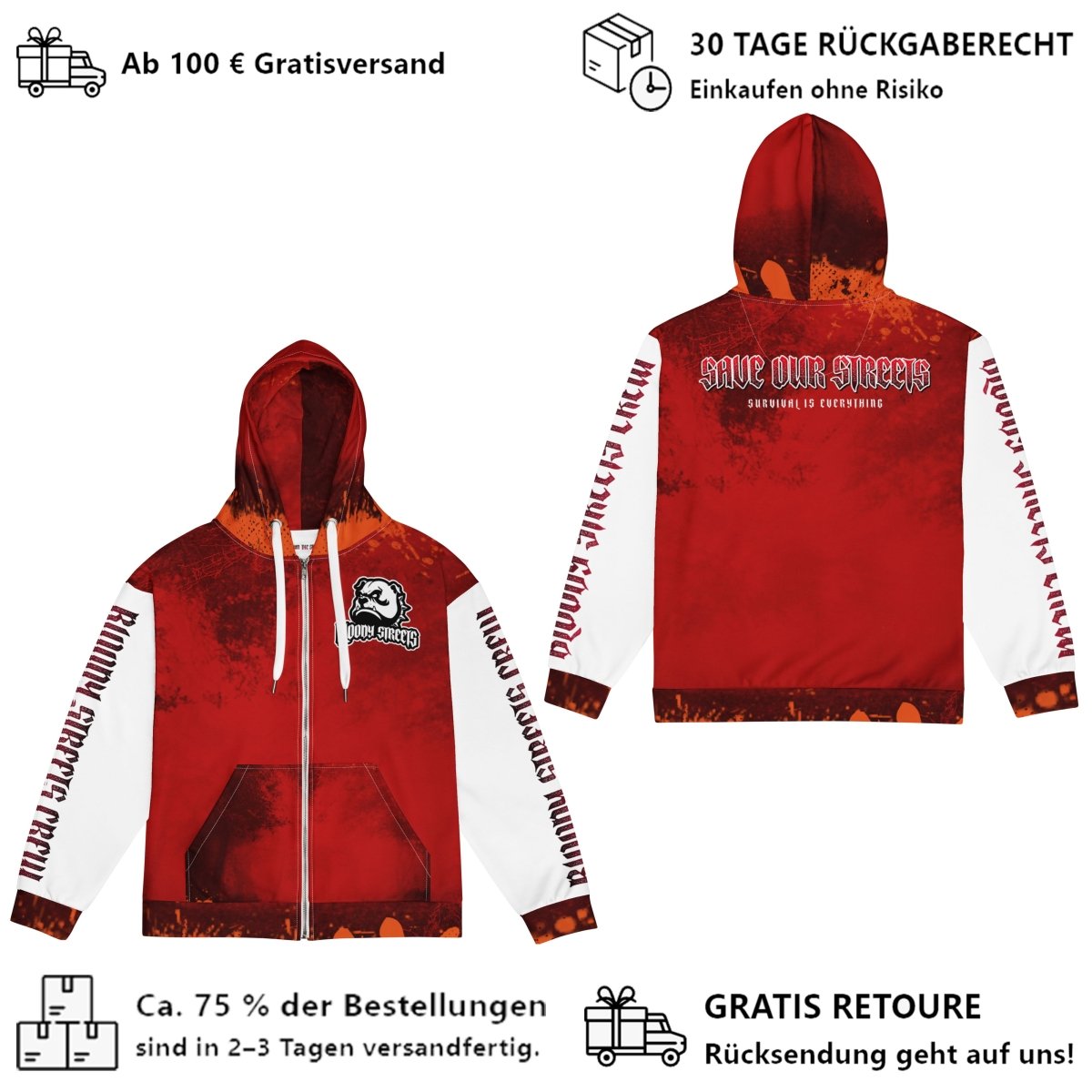 Streetwear Zip Hoodie BLOOD - LINE V2 - BLOODY - STREETS.DE Streetwear Herren und Damen Hoodies, T-Shirts, Pullis