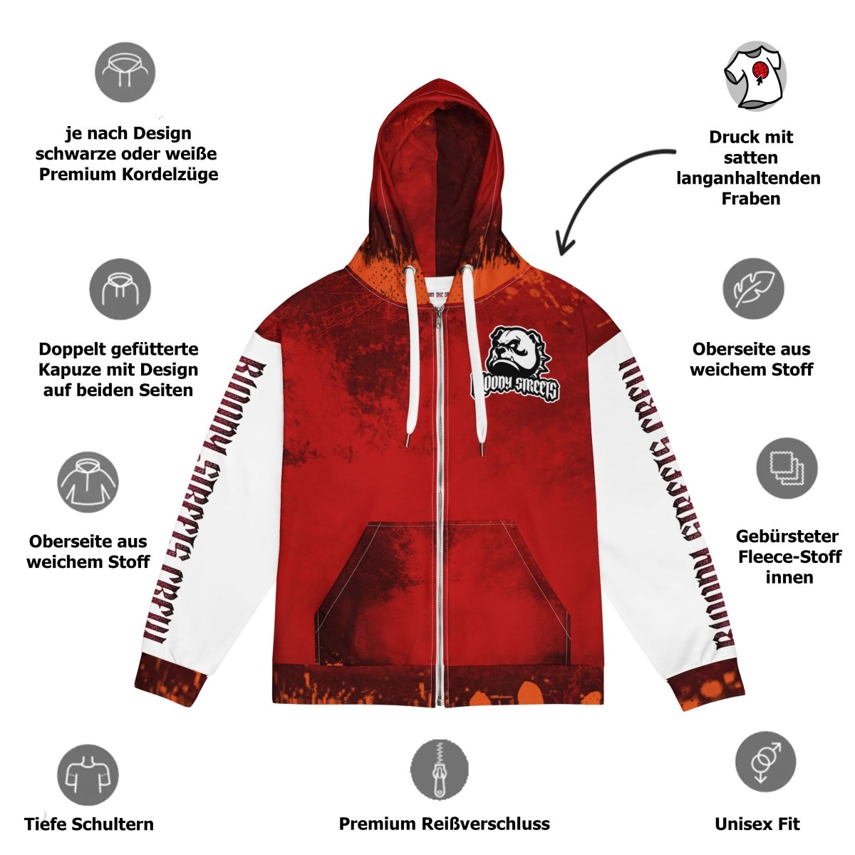 Streetwear Zip Hoodie BLOOD - LINE V2 - BLOODY - STREETS.DE Streetwear Herren und Damen Hoodies, T-Shirts, Pullis