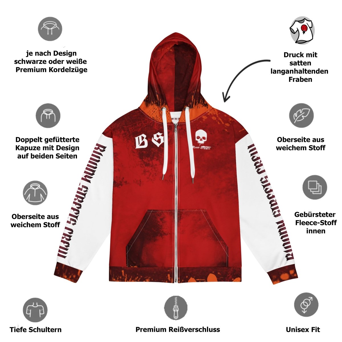 Streetwear Zip Hoodie BLOOD - LINE V3 - BLOODY - STREETS.DE Streetwear Herren und Damen Hoodies, T-Shirts, Pullis