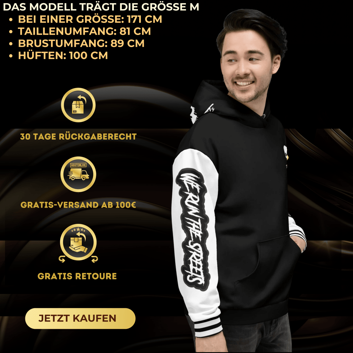 We run the Streets Schwarz - Weiß Streetwear Hoodie für Fans - BLOODY - STREETS.DE Streetwear Herren und Damen Hoodies, T-Shirts, Pullis