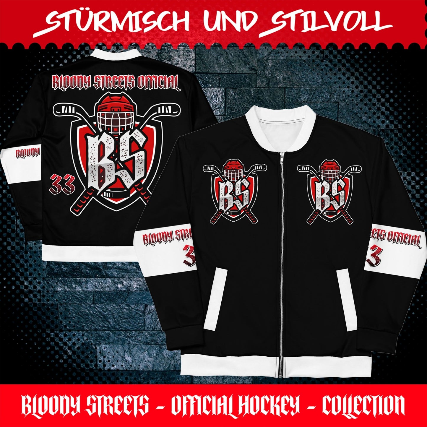 Bloody Streets Hockey Unisex Bomber Jacke - BLOODY-STREETS.DE Streetwear Herren und Damen Hoodies, T-Shirts, Pullis