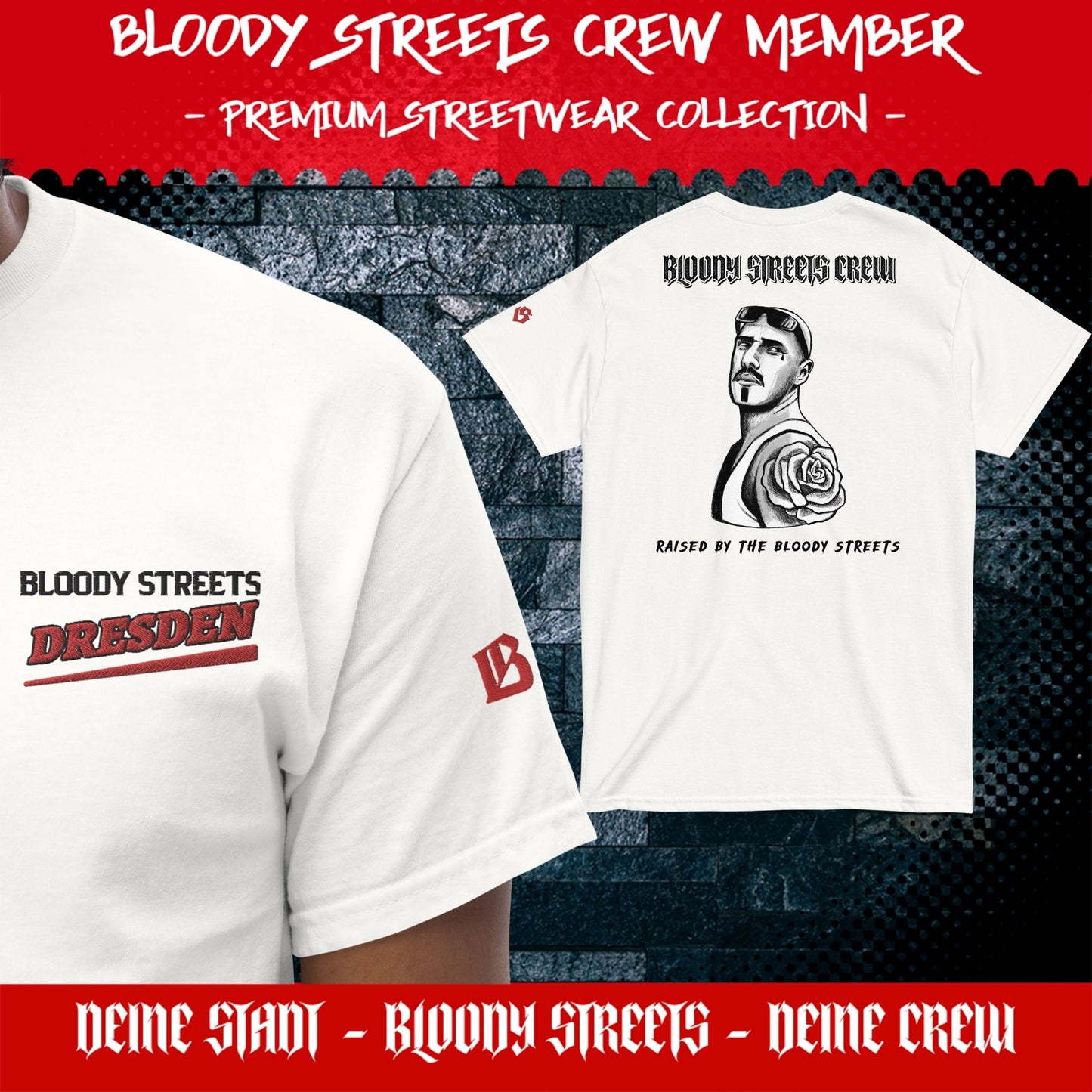 BS CITY Dresden Crew Member Premium Red "G" T-Shirt - BLOODY-STREETS.DE Streetwear Herren und Damen Hoodies, T-Shirts, Pullis